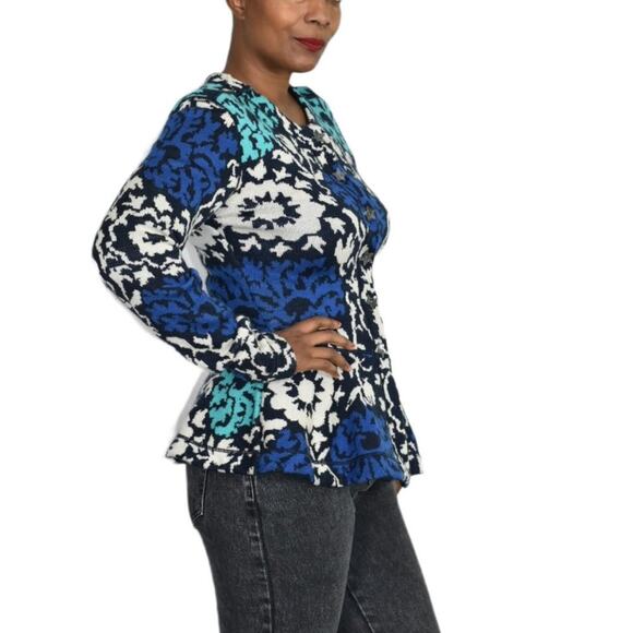 J Peterman Emmas Sweater Blue Hourglass Peplum Cardigan Green Floral Wool Small - Picture 7 of 16